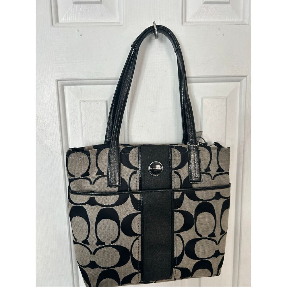 Coach F25771 Signature Silver and Black Jacquard & Patent Leather Tote Bag